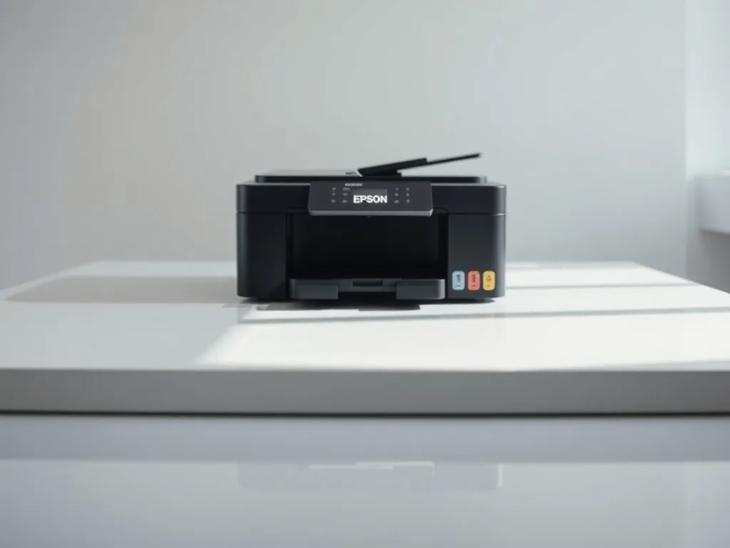 Ein Epson Drucker steht auf einem Schreibtisch im Homeoffice. Auf dem Display des Druckers ist das Menü für die