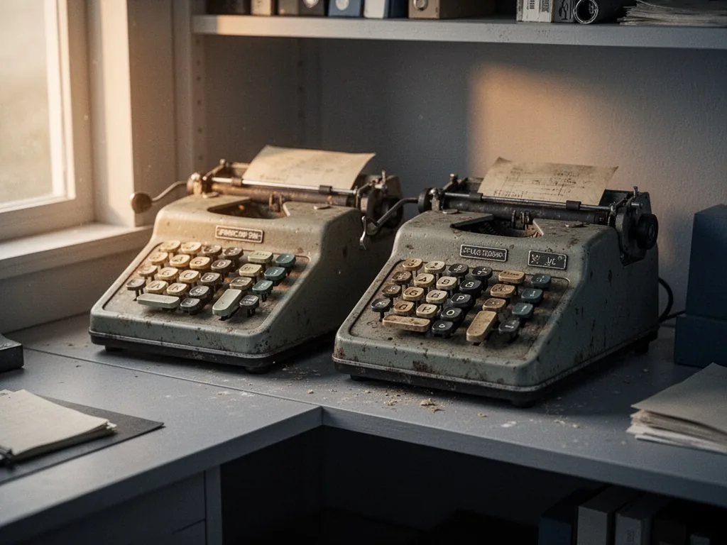 Two vintage calculator machines side by side on a dusty shelf, old function keys visible, warm amber glow from a nearby