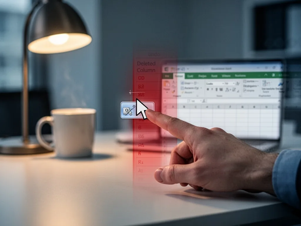 A hand pressing the undo arrow button on an Excel toolbar, a red deleted column ghosting behind, blurred office backgrou
