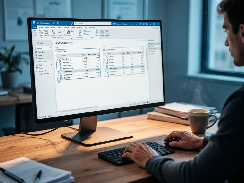 A flat-screen monitor on a wooden desk shows Power Query with two tables being merged, a person's hand clicks the mouse,