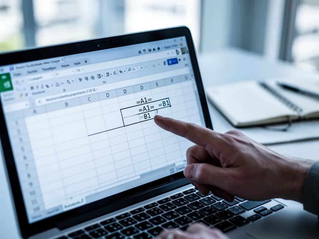 A laptop screen close-up showing a spreadsheet with the formula =A1=B1 in the formula bar, a person's finger pointing at