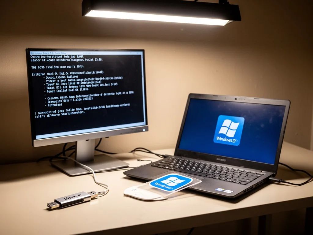 A desk with a monitor displaying a boot failure screen, a Windows logo sticker on the laptop, a Linux USB stick disconne