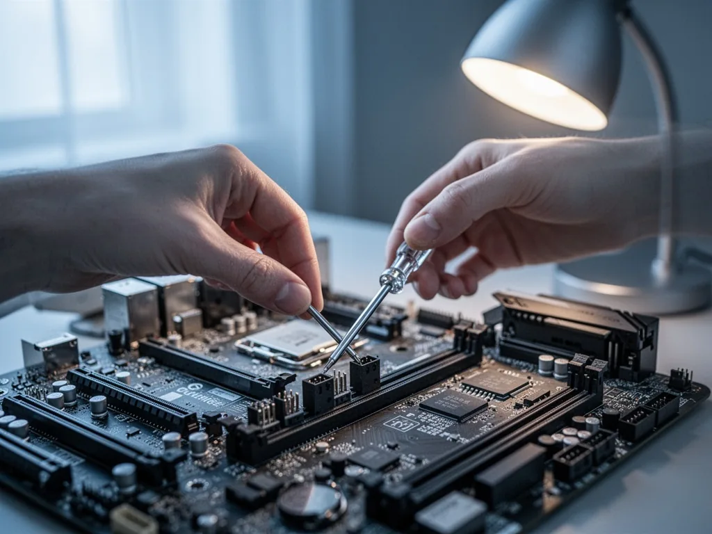 A hand holding a small screwdriver near the TPM header on a motherboard, attempting a repeated installation process, sof