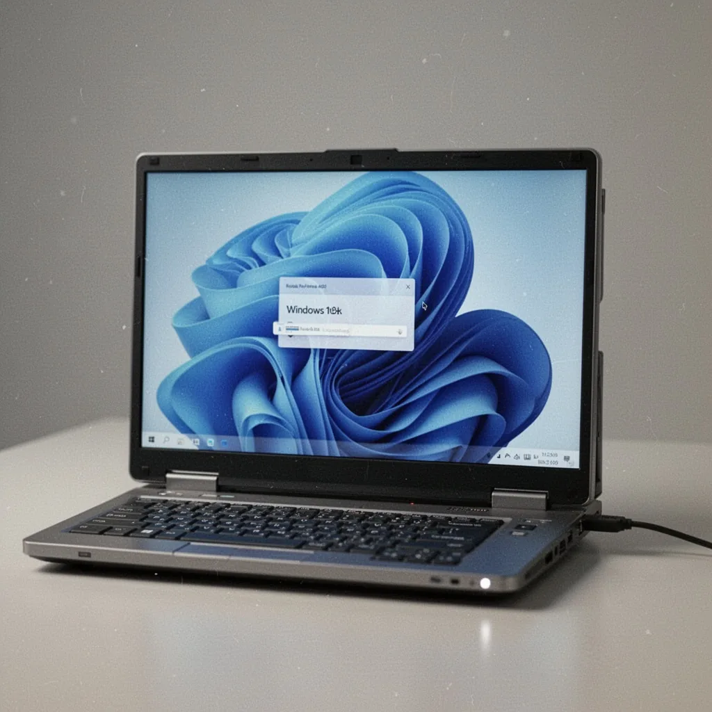 Ein älterer Desktop-PC mit einem USB-Stick und dem Windows-11-Installationsbildschirm auf dem Monitor