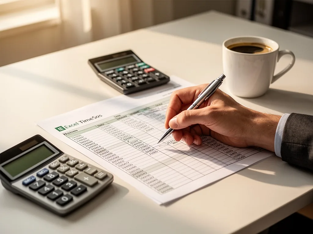 A hand holding a pen marking a printed Excel timesheet on a desk, a calculator and coffee cup nearby, warm afternoon off